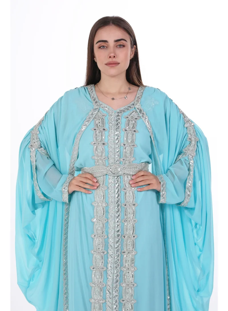 AL BENT AL SHARQIEH Turquoise emboidered chiffon kaftan dress for Women | Best Price UAE